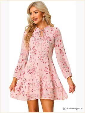 Chiffon Mini Dress with Tie V Neck, Puff Sleeves, and Floral Pattern